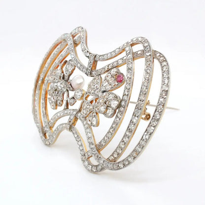 Art Nouveau Diamond Trefoil Brooch with Pearl and Ruby