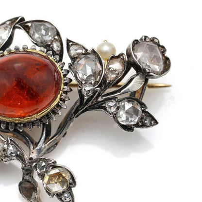 Antique Victorian Garnet, Rose Cut Diamond and Natural Pearl Brooch