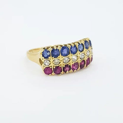 Ruby, Sapphire and Diamond Three Row Ring; central horizontal row of diamonds flanked by a row of sapphires and a row of rubies, in 18ct yellow gold