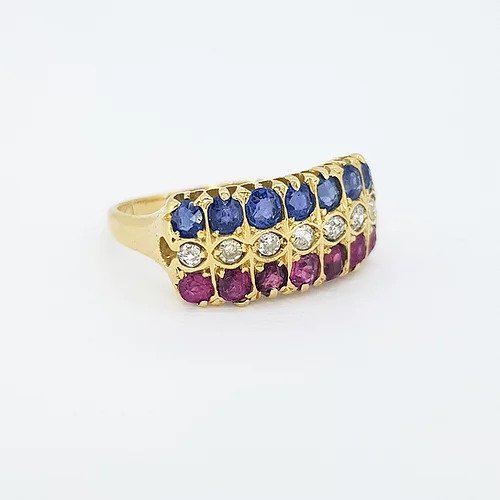 Ruby, Sapphire and Diamond Three Row Ring; central horizontal row of diamonds flanked by a row of sapphires and a row of rubies, in 18ct yellow gold