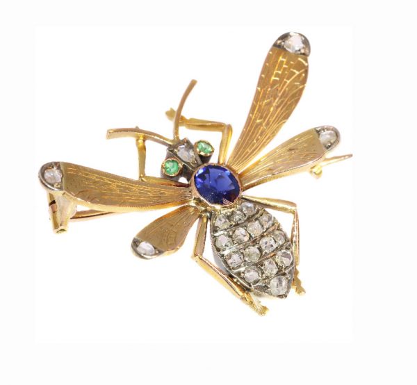 Antique Victorian Sapphire Emerald and Diamond Queen Bee Brooch
