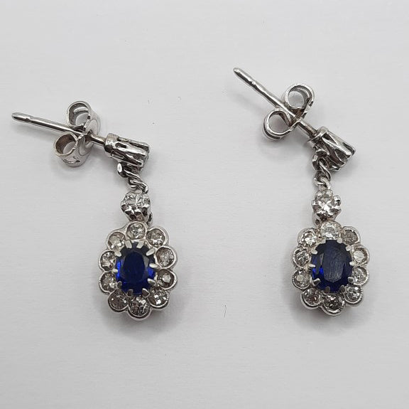 Antique Sapphire and Diamond Cluster Drop Earrings