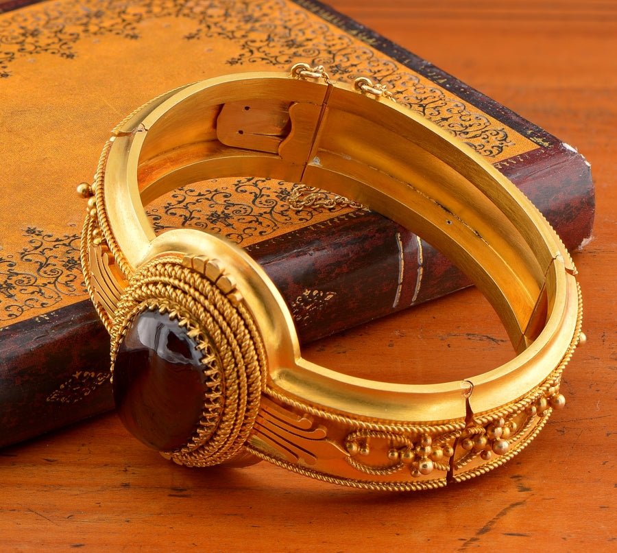Antique French Etruscan Revival 18ct Yellow Gold and Garnet Locket Bangle Bracelet