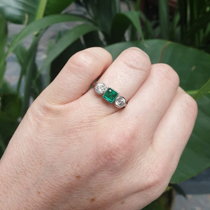0.50ct Princess Cut Colombian Emerald and Diamond Three Stone Ring in Platinum