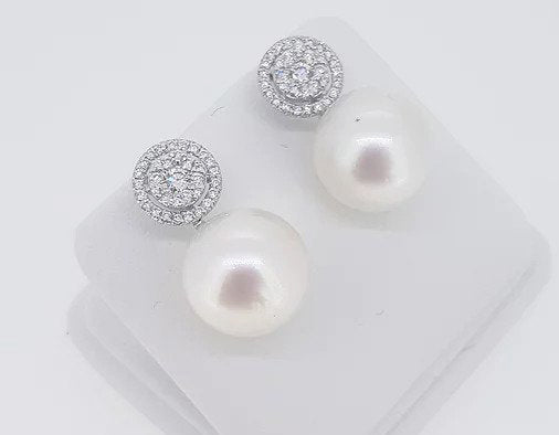 South Sea Pearl and Diamond Cluster Drop Earrings, 0.85 carats