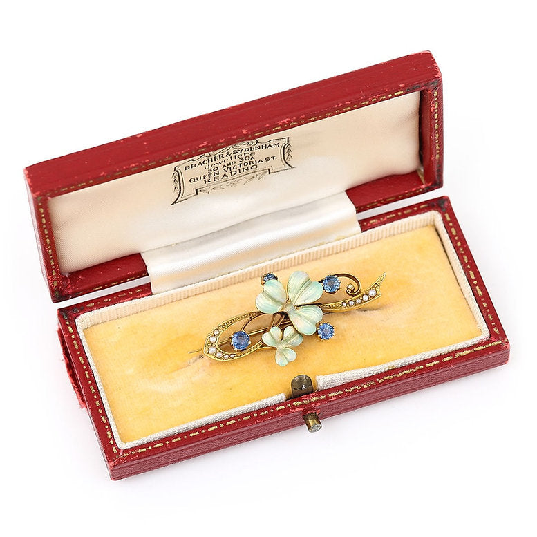 Art Nouveau Sapphire Pearl and Enamel Flower Brooch