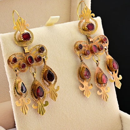 Antique Georgian Rococo Table Cut Red Paste and Yellow Gold Bow Chandelier Drop Earrings, Circa late 1600s/early 1700s