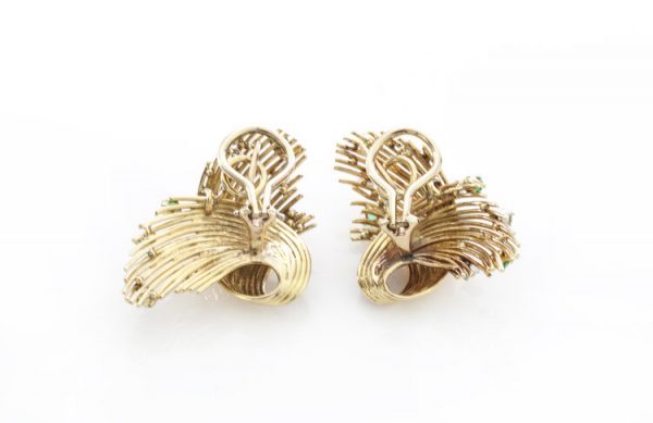 Vintage 1970s Emerald, Diamond and 18ct Yellow Gold Earrings; textured spray earrings set with natural emeralds and diamonds, post and clip fittings