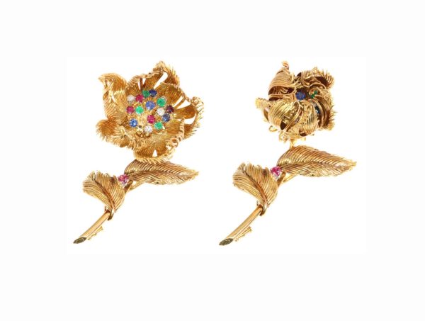 Vintage Cartier Diamond Ruby Sapphire Emerald Flower Brooch, 1950's