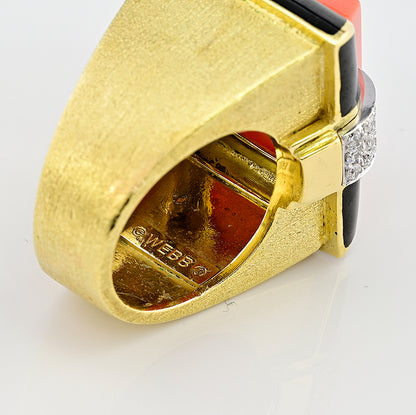 Vintage David Webb Coral Sapphire Enamel Diamond Gold Cocktail Ring