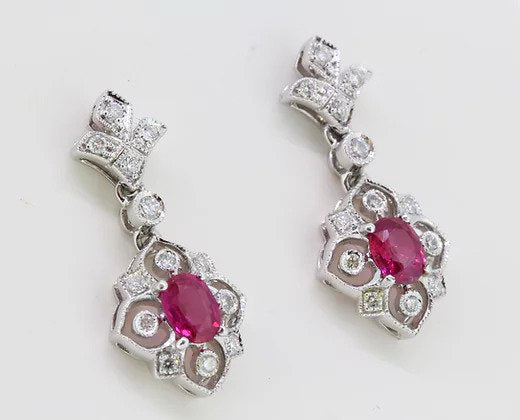 Pair of Decorative Ruby and Diamond Floral Drop Earrings