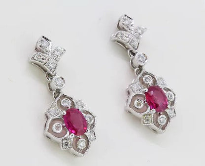 Pair of Decorative Ruby and Diamond Floral Drop Earrings