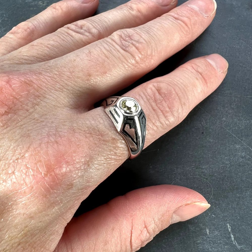 Art Deco 0.45ct Old European Cut Tinted Yellow Diamond Black Enamel and 14ct White Gold Ring