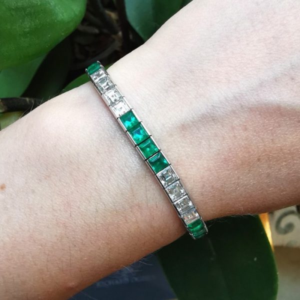 Princess Cut Emerald and Diamond Line Bracelet in Platinum, 8.22 carats