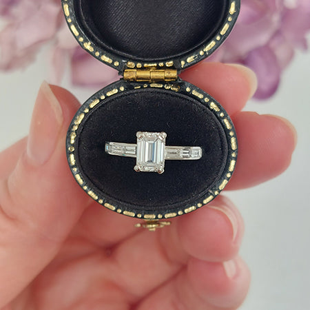 GIA Certified E VS2 1.03ct Emerald Cut Diamond Solitaire Engagement Ring in Platinum with Baguette Diamond Shoulders