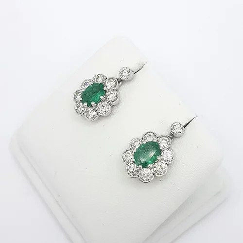 1.40ct Emerald and Diamond Cluster Drop Earrings