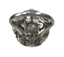 Cats Eye Moonstone and Pearl Cluster Bombe Cocktail Ring