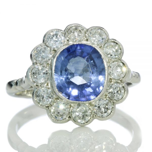 Vintage 2ct Natural Ceylon Sapphire and Diamond Floral Cluster Ring, Circa 1970s