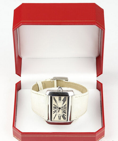 Cartier Tank Divan 2612 Large Model Stainless Steel Automatic, white dial, Roman numerals, sapphire crystal, Cartier white leather strap with stainless steel pin buckle.