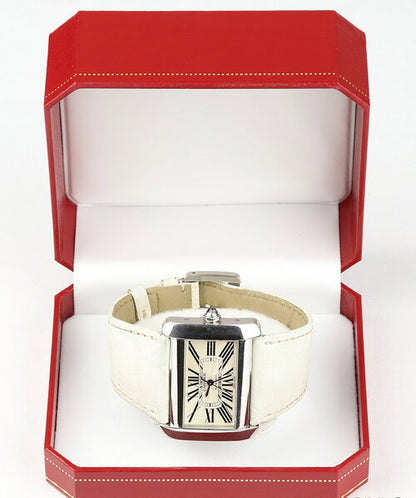 Cartier Tank Divan 2612 Large Model Stainless Steel Automatic, white dial, Roman numerals, sapphire crystal, Cartier white leather strap with stainless steel pin buckle.