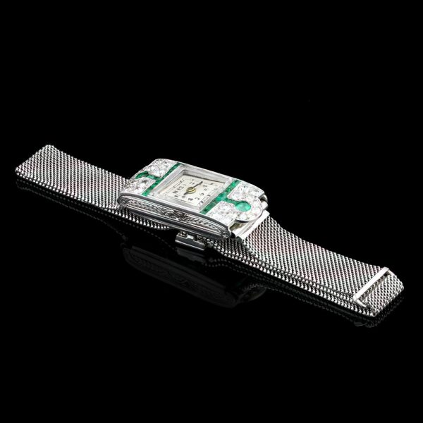 Drecier and Co Art Deco Platinum Manual Watch with Emeralds and Old Cut Diamonds