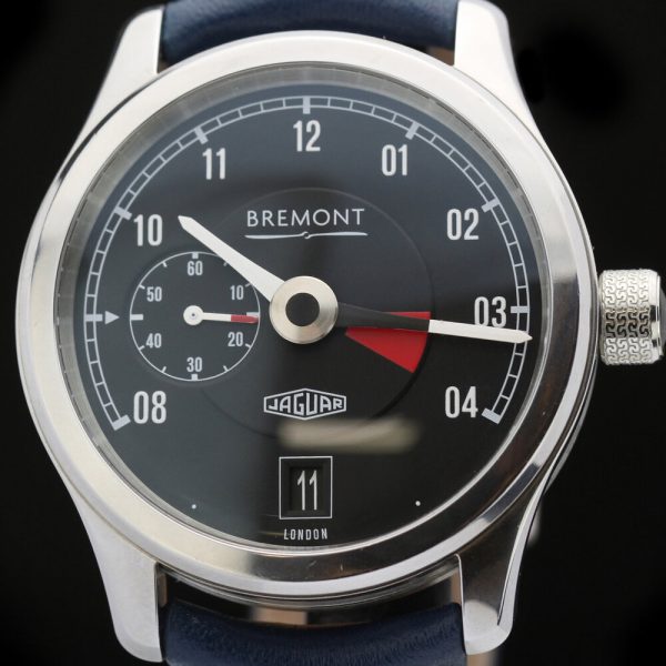 Bremont Jaguar MKI Stainless Steel Chronometer Wristwatch, with a black dial and blue leather strap, Self winding automatic C.O.S.C.