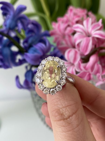 6.42ct Yellow Sapphire and Diamond Oval Cluster Ring