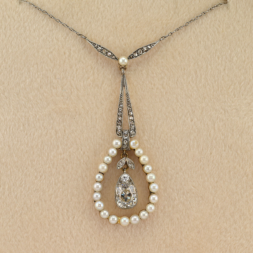Antique Edwardian 1.20ct Pear Shaped Cushion Cut Diamond and Natural Pearl Cluster Pendant Necklace