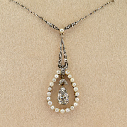 Antique Edwardian 1.20ct Pear Shaped Cushion Cut Diamond and Natural Pearl Cluster Pendant Necklace