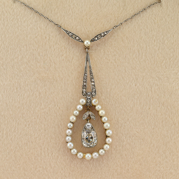 Antique Edwardian 1.20ct Pear Shaped Cushion Cut Diamond and Natural Pearl Cluster Pendant Necklace