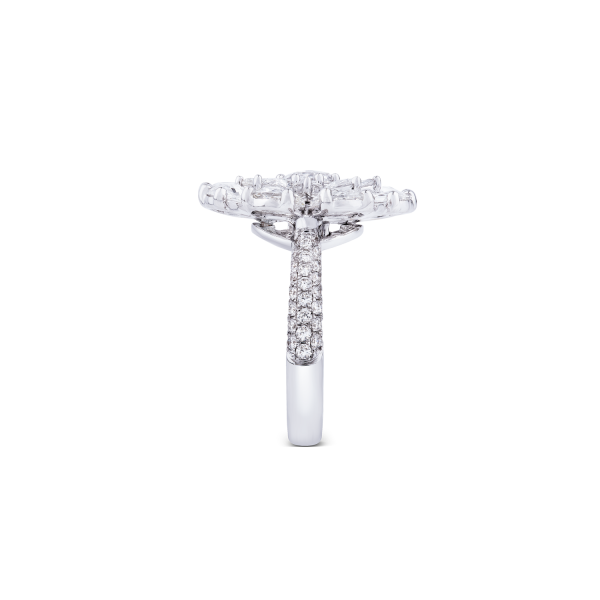 Rose Cut Diamond Blossom Flower Cluster Ring; featuring 2.82 carats of round and pear-shaped rose-cut diamonds, accented with 48 micro pave set diamonds