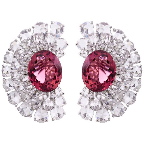 Rubellite and Rose Cut Diamond Earrings, 5.90 carats