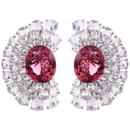 Rubellite and Rose Cut Diamond Earrings, 5.90 carats