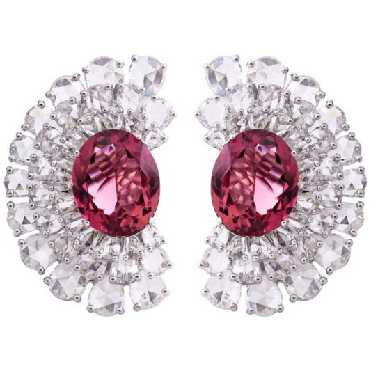 Rubellite and Rose Cut Diamond Earrings, 5.90 carats