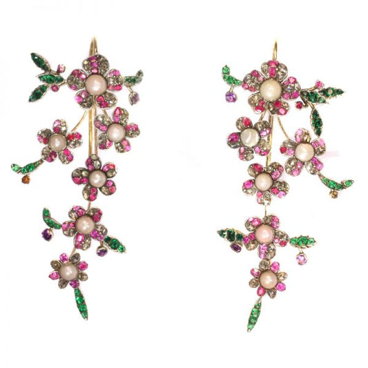 Rococo Style Old Cut Diamond Pearl and Ruby Flower Drop Earrings