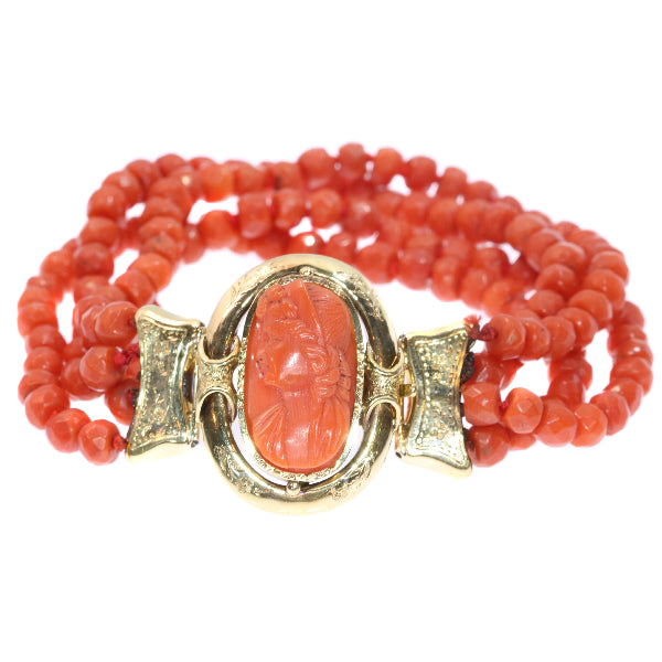 Antique Victorian Coral Cameo Bracelet with Faceted Coral Beads