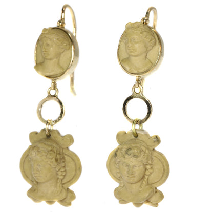 Antique Victorian Lava Stone Cut Cameo Ear Pendants