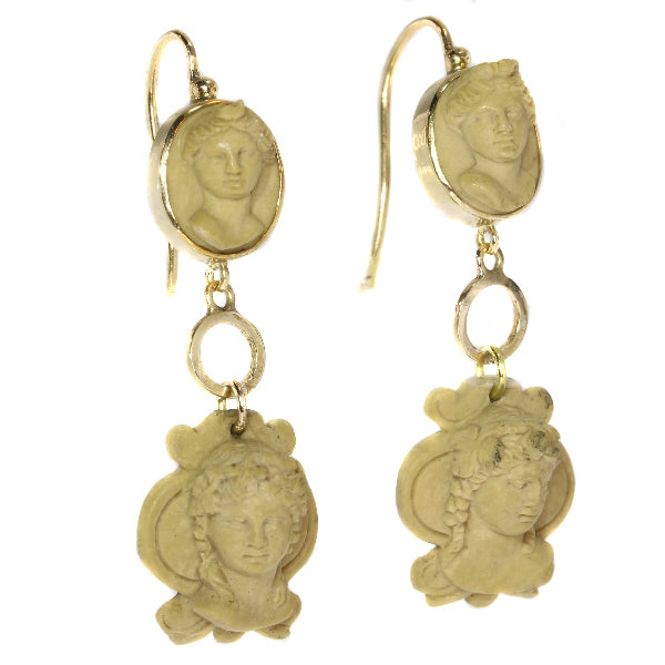 Antique Victorian Lava Stone Cut Cameo Ear Pendants