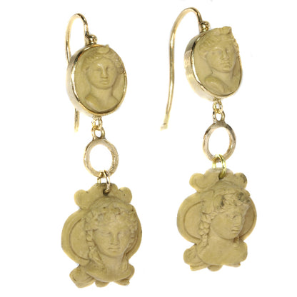 Antique Victorian Lava Stone Cut Cameo Ear Pendants