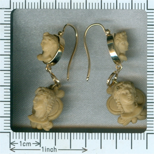 Antique Victorian Lava Stone Cut Cameo Ear Pendants