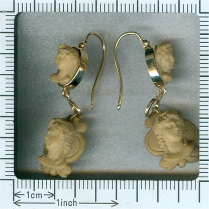 Antique Victorian Lava Stone Cut Cameo Ear Pendants