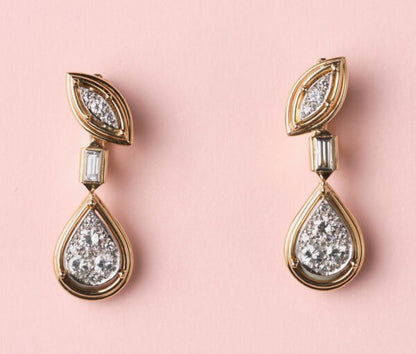 Vintage Cartier Diamond, 18ct Gold and Platinum Drop Earrings; diamond-set marquise shaped element suspends baguette-cut diamond and diamond-set pear drop