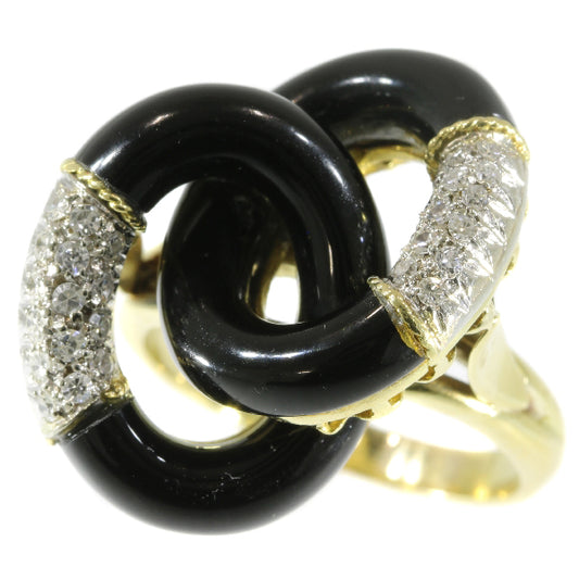 Vintage Seventies Onyx and Diamond 18ct Yellow Gold Ring