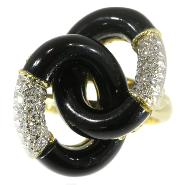 Vintage Seventies Onyx and Diamond 18ct Yellow Gold Ring