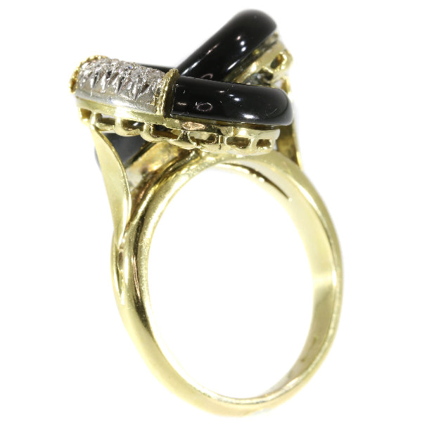 Vintage Seventies Onyx and Diamond 18ct Yellow Gold Ring