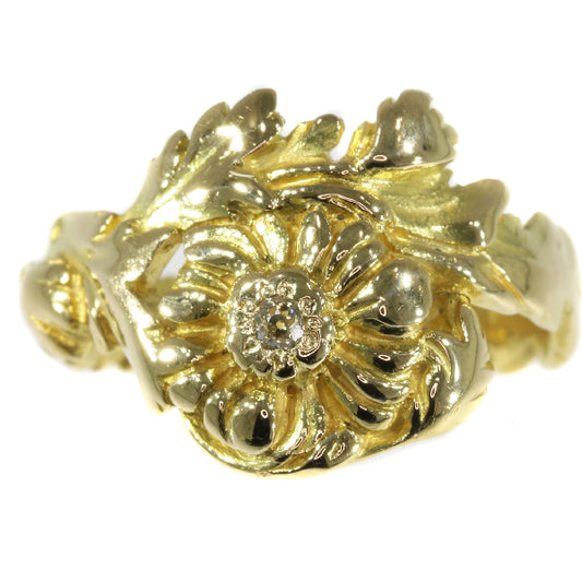 Antique Late Victorian Early Art Nouveau Flower Ring with Natural Fancy Colour Diamond
