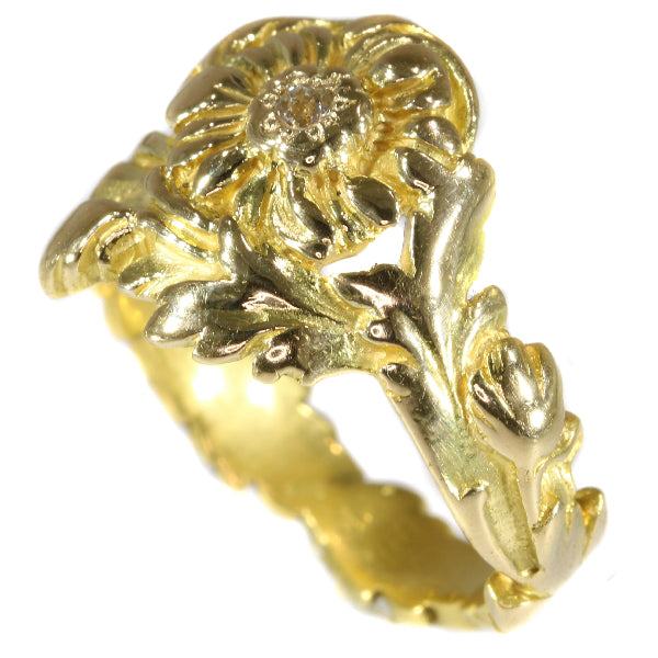 Antique Late Victorian Early Art Nouveau Flower Ring with Natural Fancy Colour Diamond
