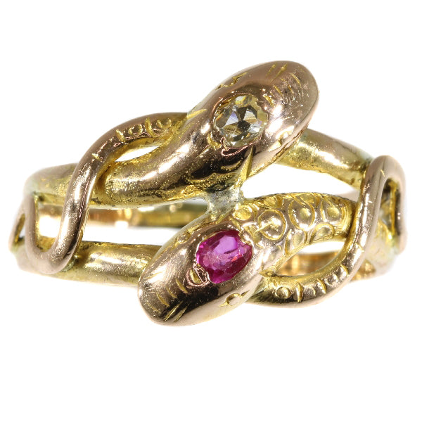 Antique Victorian Ruby and Diamond Double Headed Gold Snake Ring