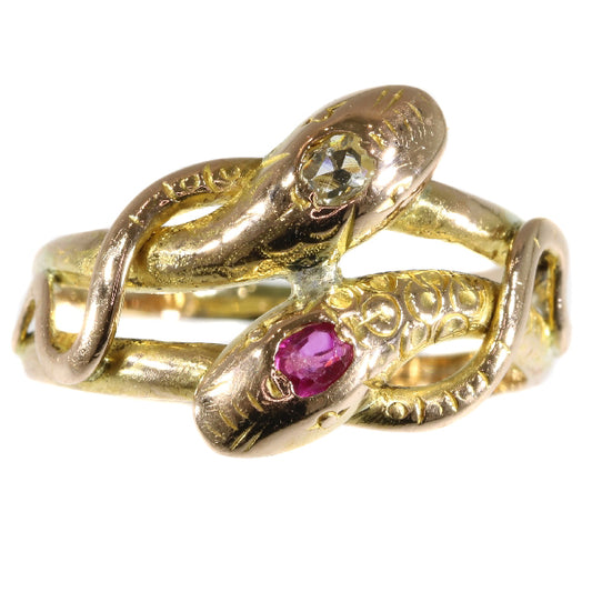 Antique Victorian Ruby and Diamond Double Headed Gold Snake Ring