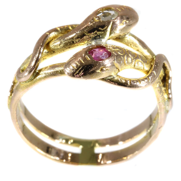 Antique Victorian Ruby and Diamond Double Headed Gold Snake Ring